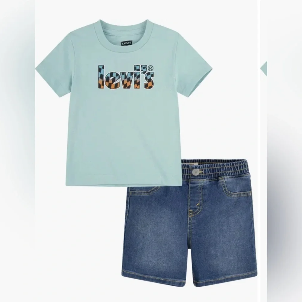 LEVI'S Boys Two Piece Set  T-Shirt Light Blue Denim Shorts Outfit Summer Sz 7